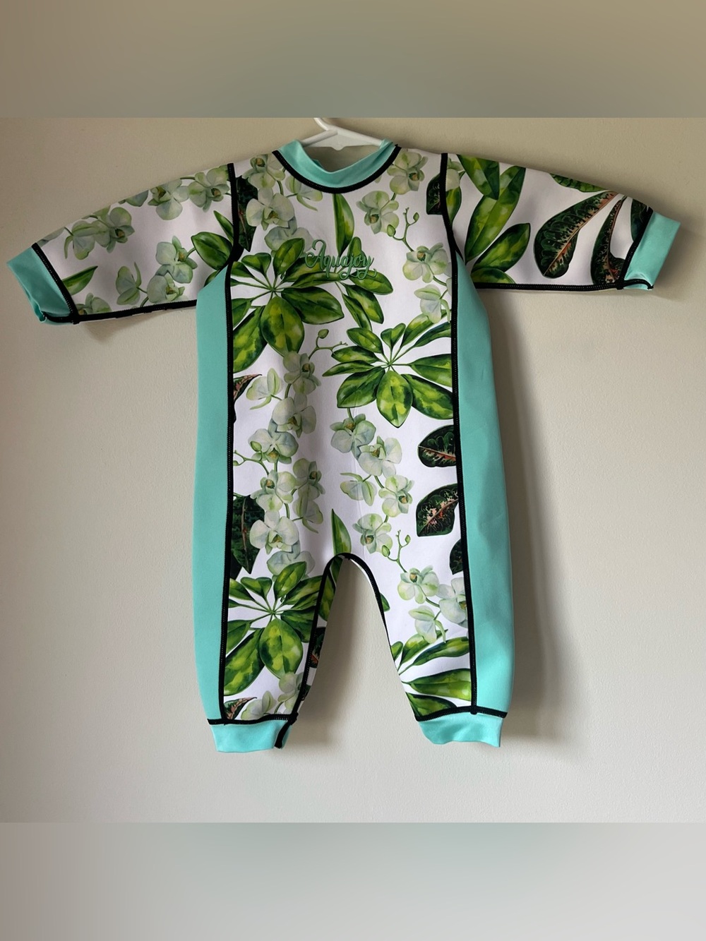 Aquajoy Warmsy Reversible Wetsuit Sea Green Tropical Print Neoprene SPF 12-24 mo - Picture 3 of 12